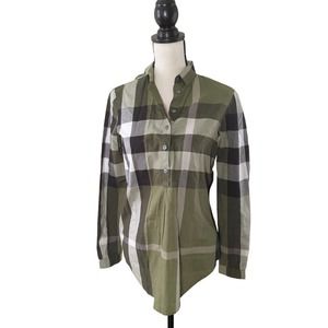 Burberry Brit Olive Beige Large Check Fitted Half Button Cotton Blouse, XS
